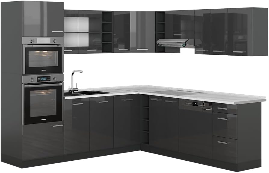 Vicco R-Line Fitted Kitchen Cabinets Anthracite Kitchen Furniture (Anthracite / White High Gloss, Corner 247 x 237 cm)