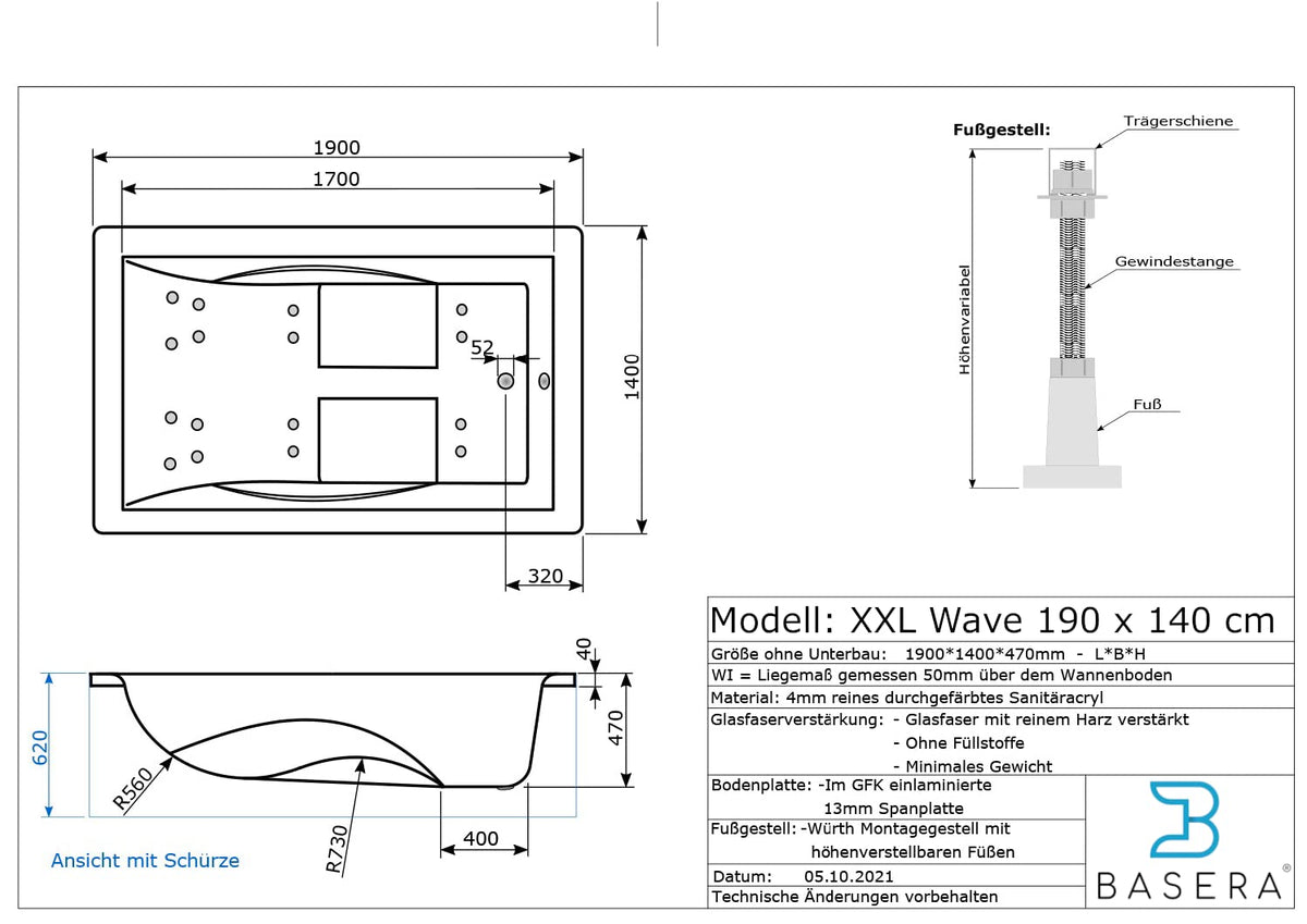 Basera® Basic Indoor Whirlpool Badewanne XXL Wave für 2 Personen mit 16 Massagedüsen, Wasserfall, LED-Ambiente