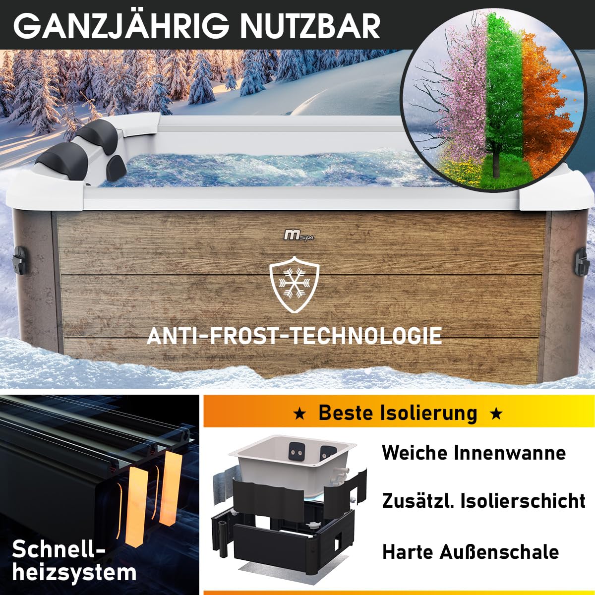BRAST Whirlpool MSpa Oslo & Oslo Plus XXL mit Fester Außenwand | 160x160x65cm - 180x180x65cm | LED-Beleuchtung 20 Farben | 6 Personen | 120-140 Massagedüsen | Ganzjähriger Einsatz Winterfest