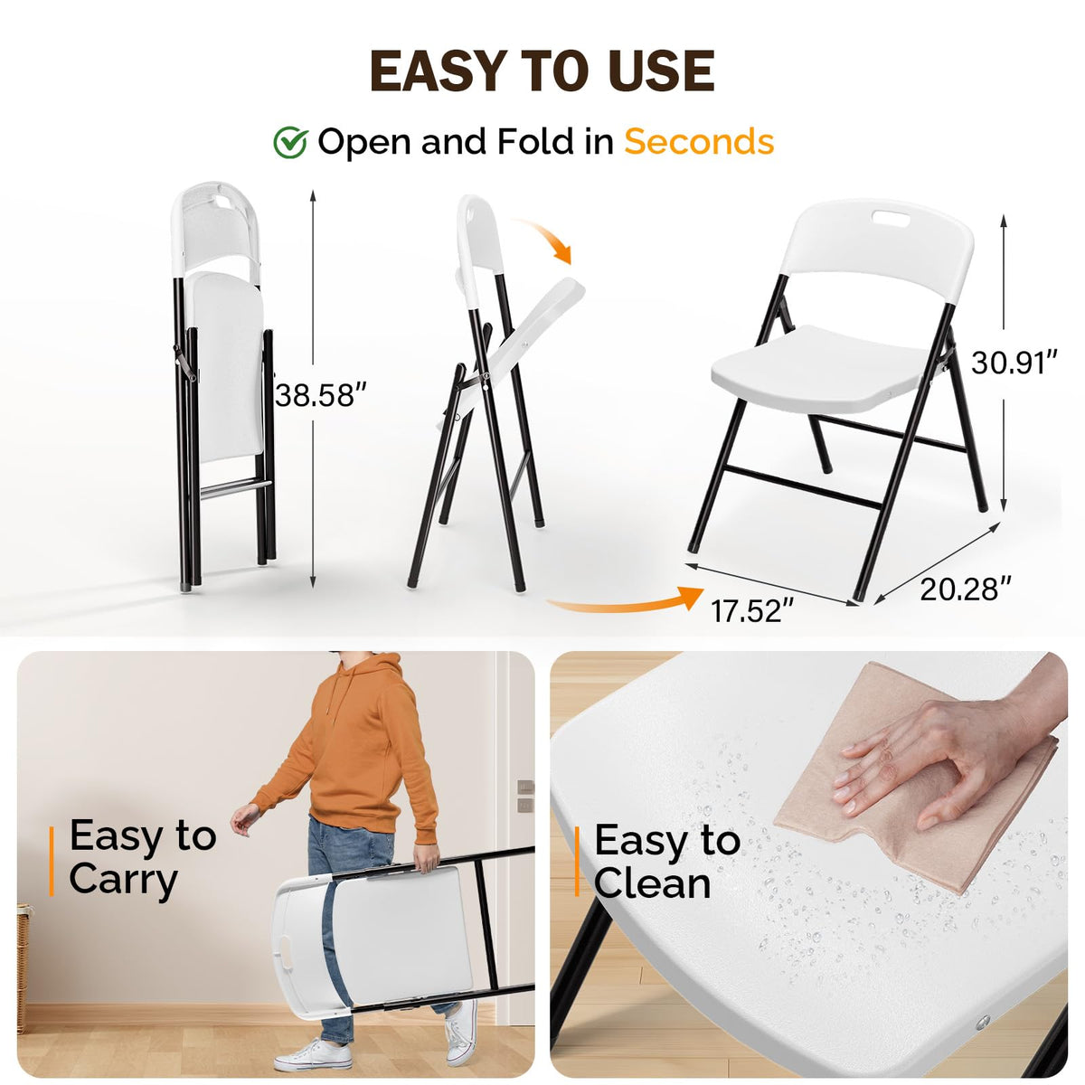 VINGLI Folding Chairs, Plastic Foldable Chair, Capacity up to 350 lbs, Portable Seating for Indoor Outdoor Events Parties Camping Work School Commercail (6, White)