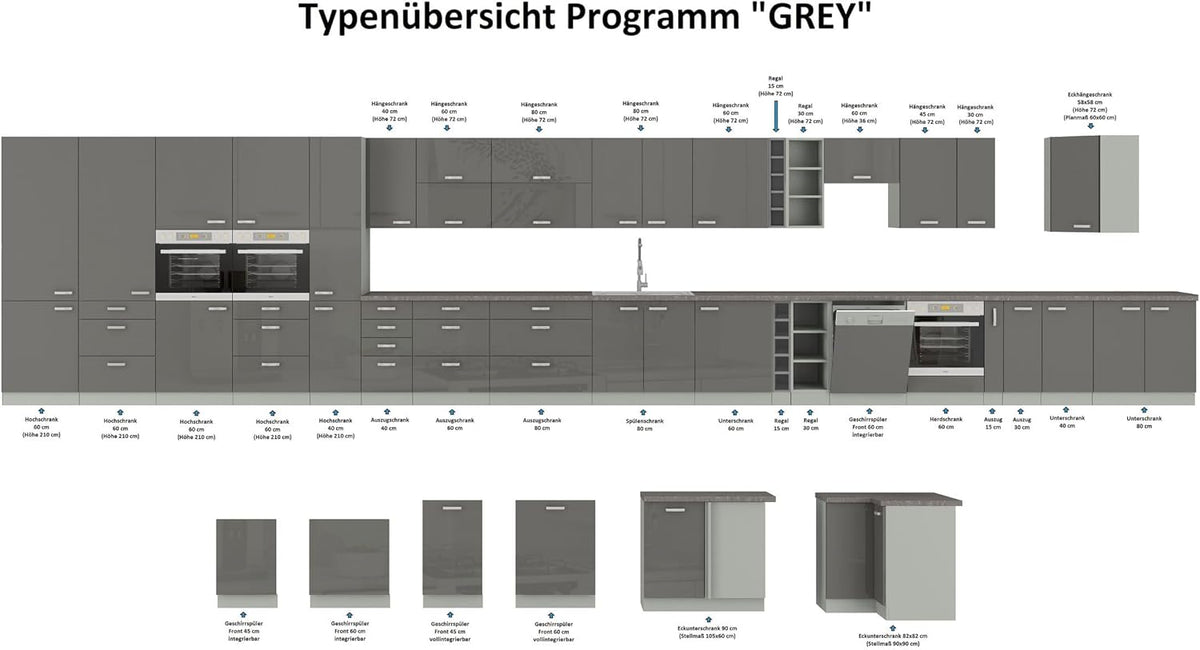 Küche Bianca II 240+160 Küchenzeile Hochglanz Grau Küchenblock Einbauküche Grey