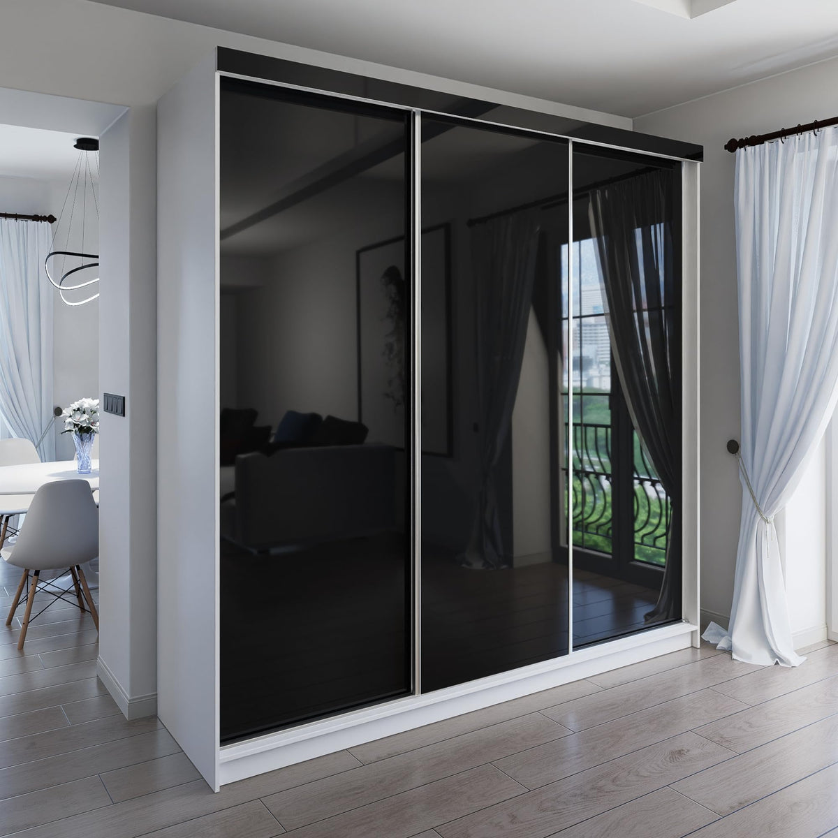 Marlux-Meble Two-Door Wardrobe 230 cm Wide with Floating and Sliding Doors Corner Wardrobe Bedroom Cabinet Hallway Cabinet System Cabinet High Gloss Cabinet
