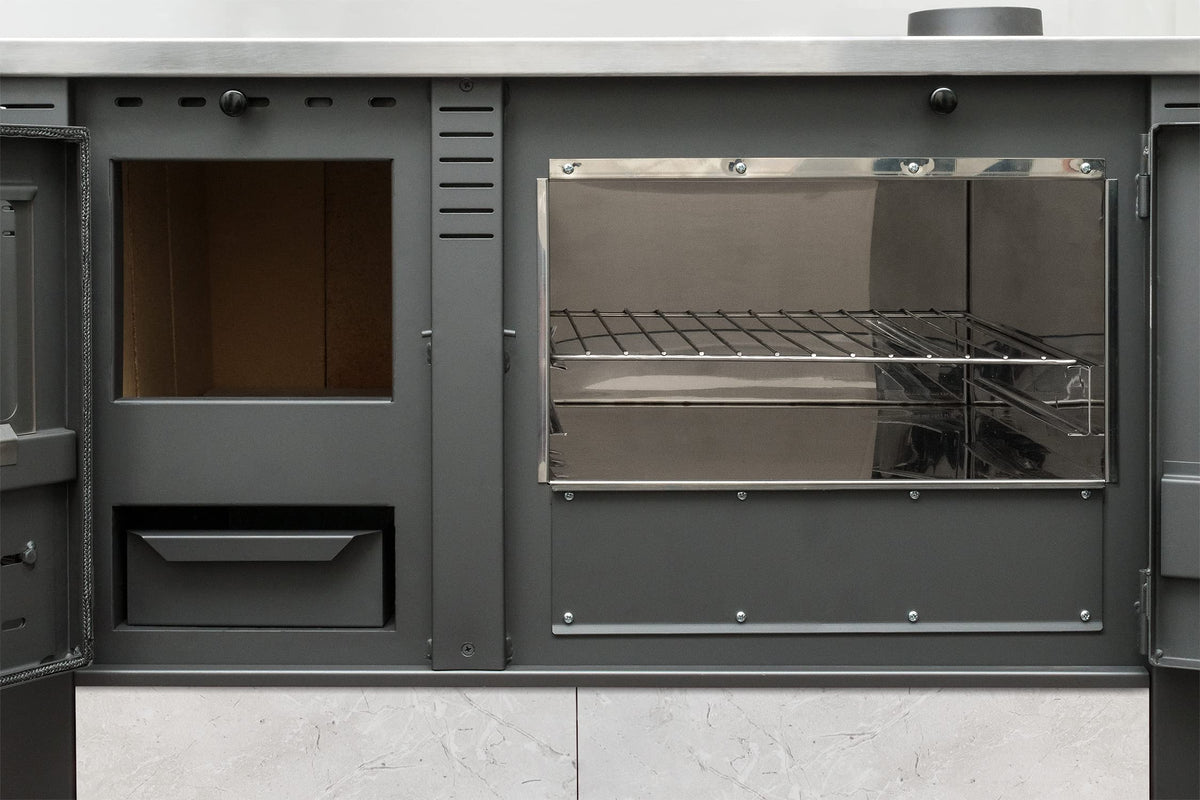 ProTermo Panonia Fireplace in Mocha with Left Flue - 10.54 kW Heating Output - 90 x 51 x 85 cm Wood Stove with Baking Compartment, Thermometer and Hob without Self-Closing Door - Type 2