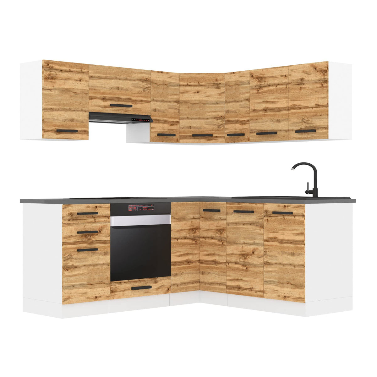 Belini Sarah L-Shape Kitchen Unit, Kitchen Furniture with Handles, Built-in Kitchen without Electrical Appliances, with Wall Cabinets and Base Cabinets, without Worktops, White High Gloss