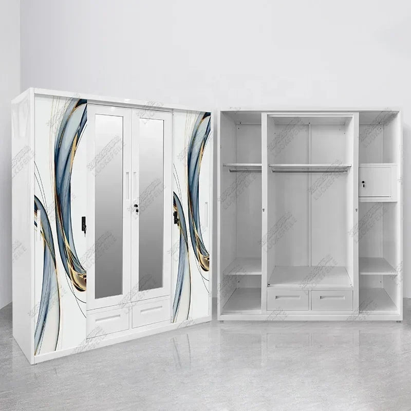 Bedroom Furniture Custom Printed Iron Drawer Mirror Cabinet Sliding 4 Door Metal Steel Wardrobe