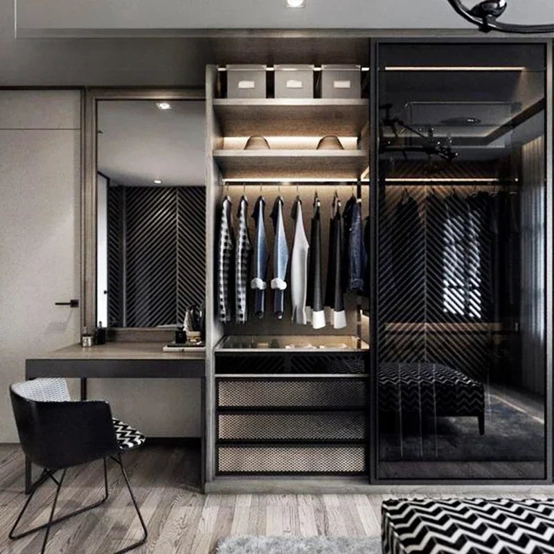 Modern Shaped Wardrobe with LED Light & Sliding Glass Door