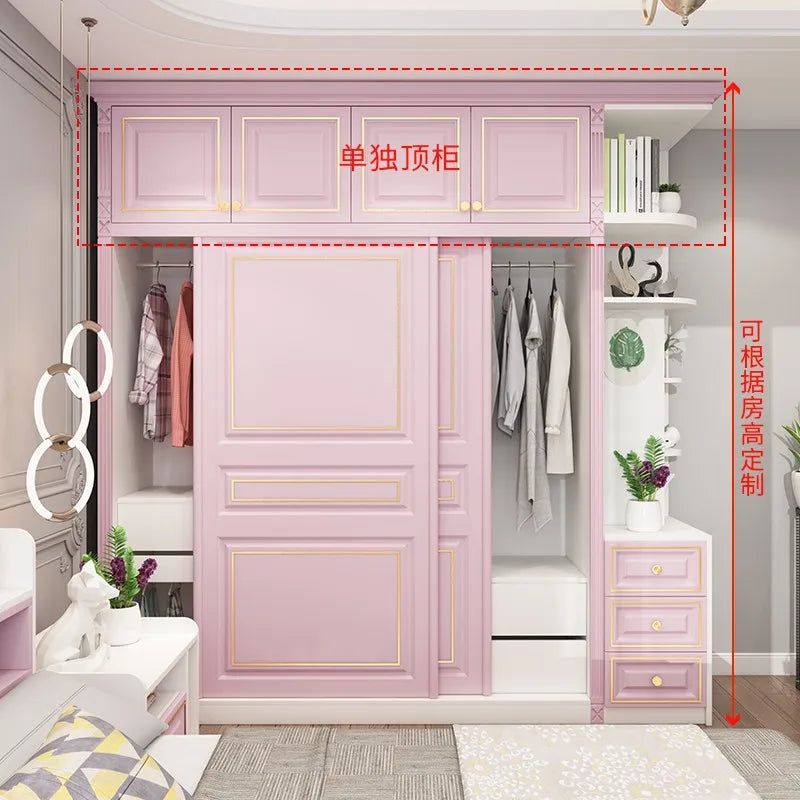 Princess Pink Girl Wardrobe American Room Light Luxury Solid Wood Sliding Door Wardrobe Multifunctional Locker