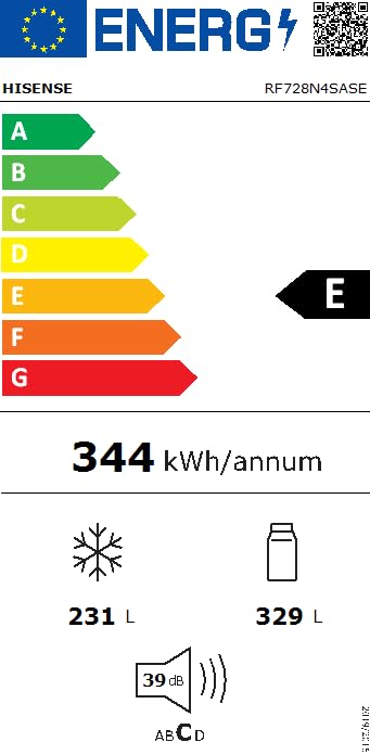 Hisense RF632N4WIE French Door Kühl-Gefrierkombination/ NoFrostPlus/ Inverter-Kompressor/ Wasserspender/ CrispZone/ 200 cm/ Kühlteil 336 l/ Gefrierteil 149 l/ 38 dB/ 295 kWh/ Jahr/ Inox-Look