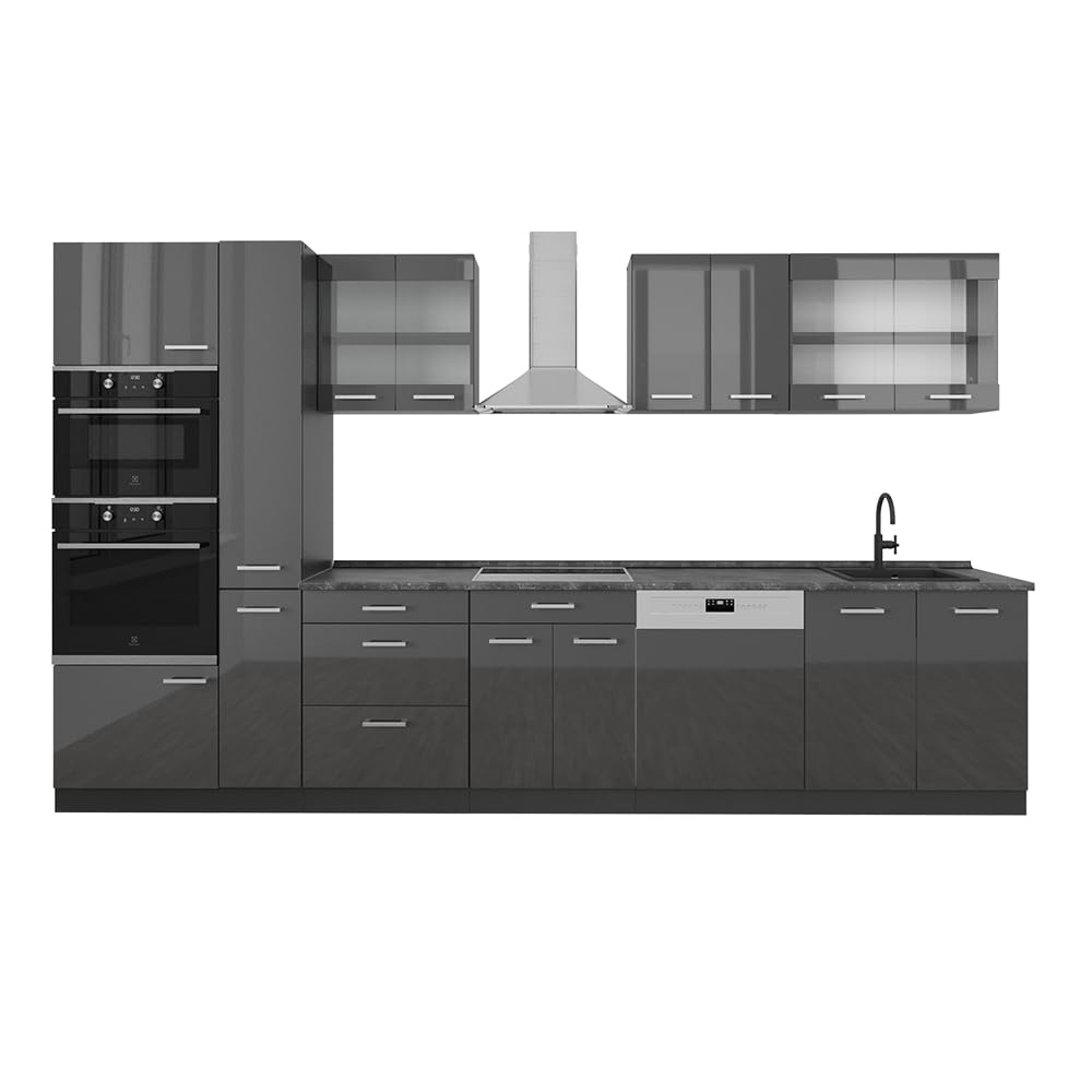 Vicco R-Line Fitted Kitchen Cabinets Anthracite Kitchen Furniture (Anthracite / White High Gloss, MUS 350 cm)