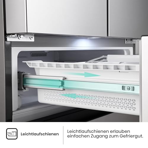 Hisense RF632N4WIE French Door Kühl-Gefrierkombination/ NoFrostPlus/ Inverter-Kompressor/ Wasserspender/ CrispZone/ 200 cm/ Kühlteil 336 l/ Gefrierteil 149 l/ 38 dB/ 295 kWh/ Jahr/ Inox-Look