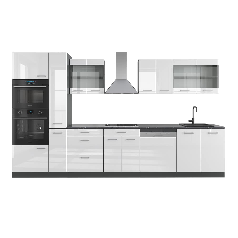 Vicco R-Line Fitted Kitchen Cabinets Anthracite Kitchen Furniture (Anthracite / White High Gloss, MUS 350 cm)