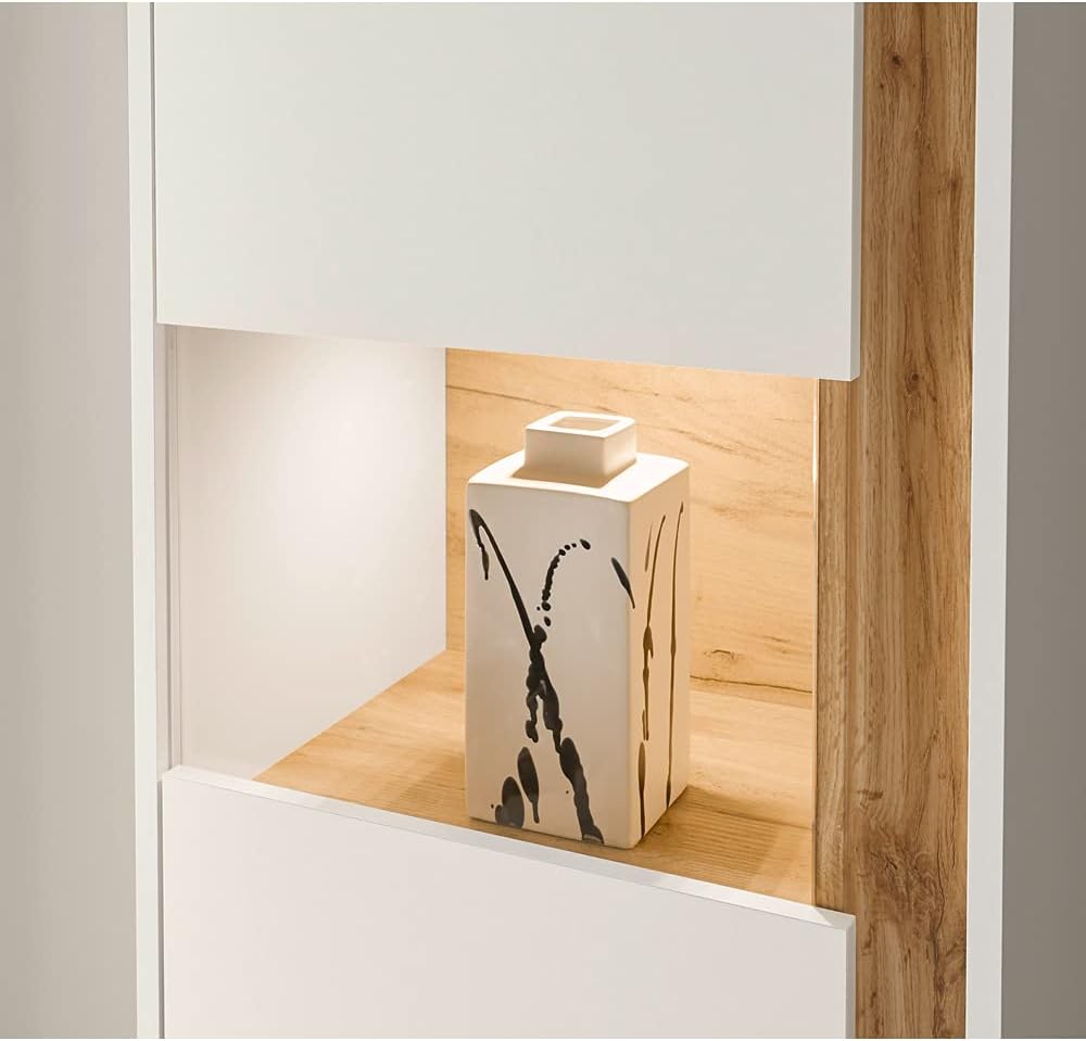Lomadox TV Wall Unit 4 Pieces with LED Lighting in White with Wotan Oak Panels W x H x D Approx. 310 x 197 x 45 cm