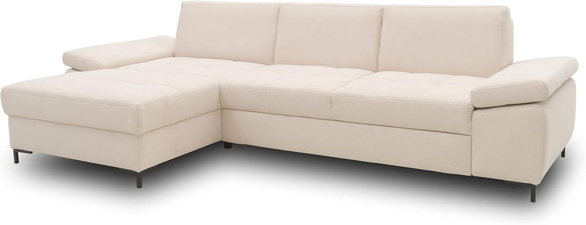 DOMO. collection Curacao Ecksofa, Schlafsofa mit Federkern und Armlehnenfunktion in L‑Form, 297 x 160 x 84 cm (B x T x H), Creme