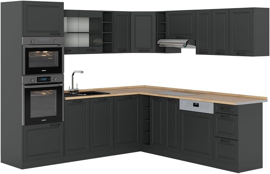 Vicco R-Line Fitted Kitchen Cabinets Anthracite Kitchen Furniture (Anthracite / White High Gloss, Corner 247 x 237 cm)