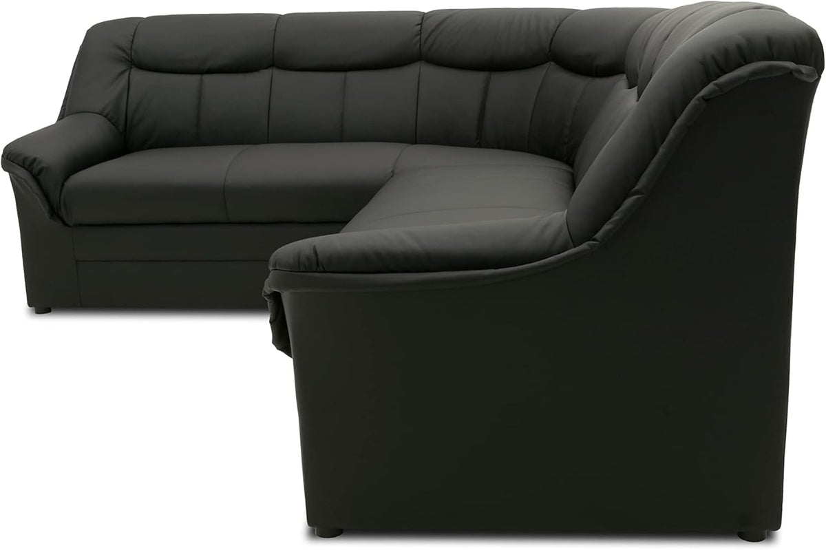 DOMO. collection Berlin Corner Sofa, Timeless Leather Corner Sofa with High-Quality Spring Core Padding, L-shaped Faux Leather, Couch 205 x 250 x 89 cm, Black