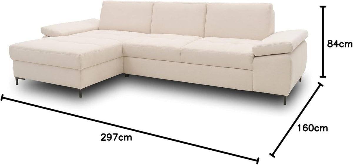 DOMO. collection Curacao Ecksofa, Schlafsofa mit Federkern und Armlehnenfunktion in L‑Form, 297 x 160 x 84 cm (B x T x H), Creme