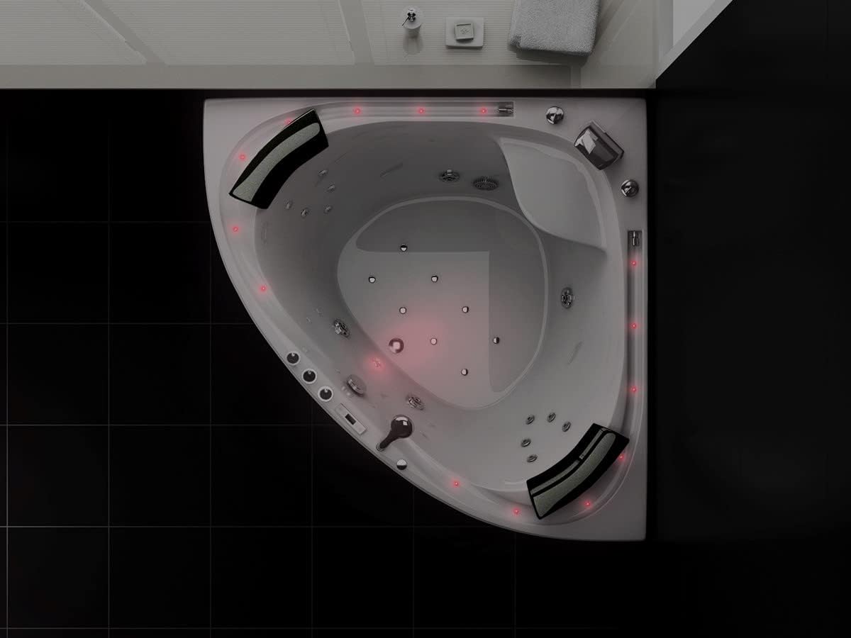 Jet-Line® Whirlpool | Villa Sabrina Weiss 1.6 x 1.6 m XXL | Neu mit umlaufendem Wasserfall | Vollaustattung Eckbadewanne | Pool Eck Badewanne | Whirlwanne | Ozon Heizung LED