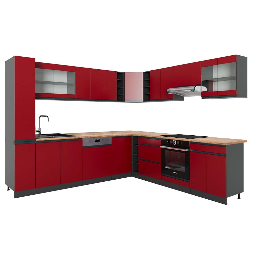 Vicco Eckküche R-Line, Küchenzeile in L-Form, Weiß, 257 x 60 cm J-Shape, ohne Arbeitsplatte