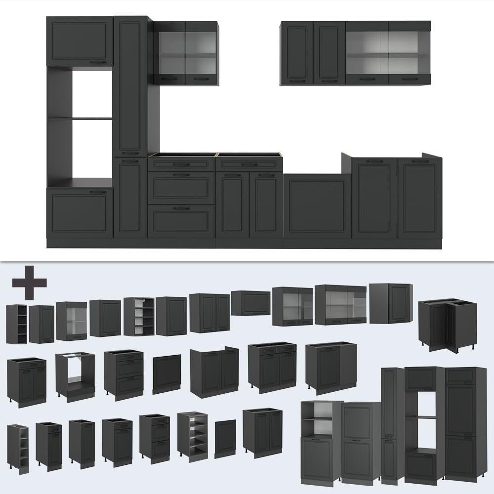 Vicco R-Line Fitted Kitchen Cabinets Anthracite Kitchen Furniture (Anthracite / White High Gloss, MUS 350 cm)