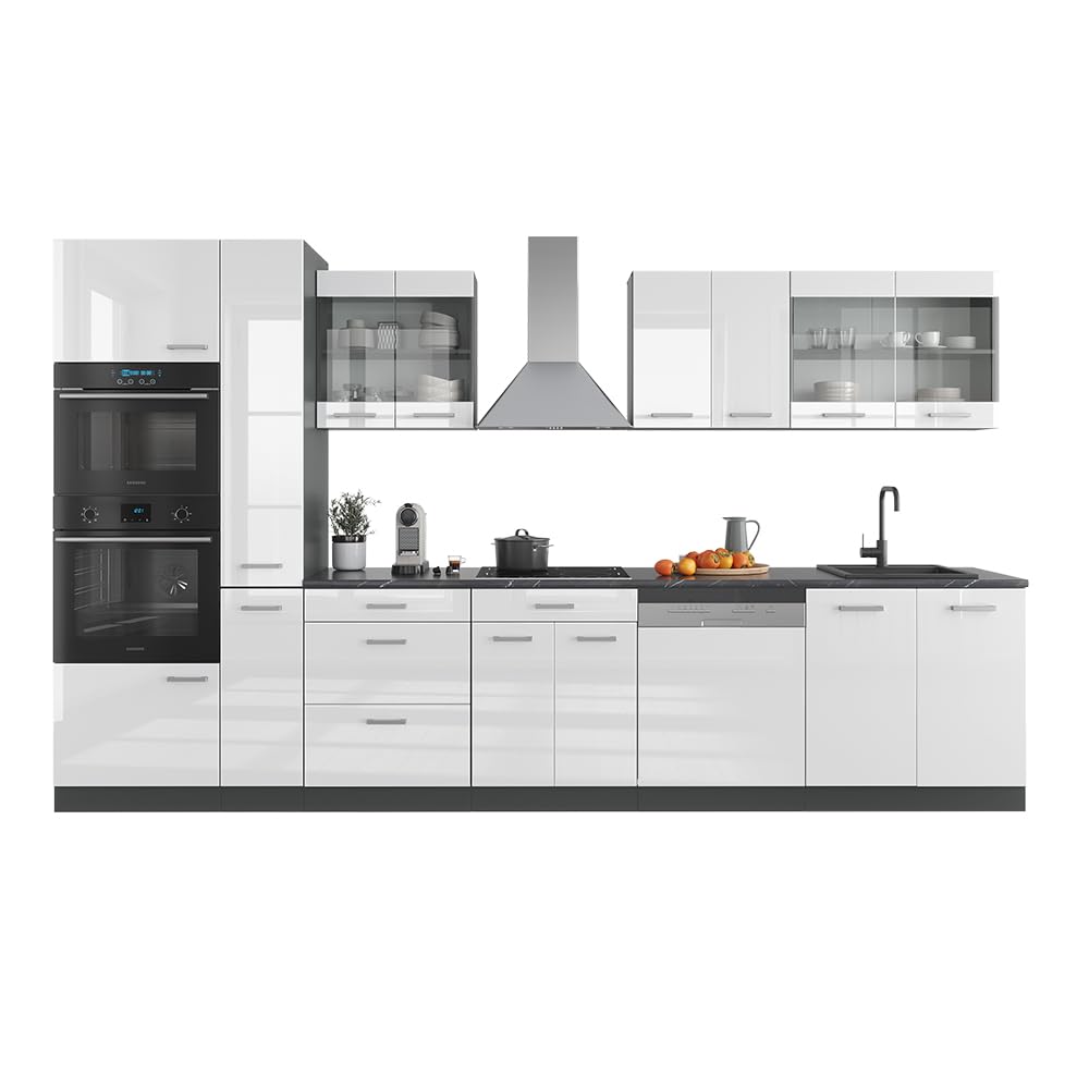 Vicco R-Line Fitted Kitchen Cabinets Anthracite Kitchen Furniture (Anthracite / White High Gloss, MUS 350 cm)