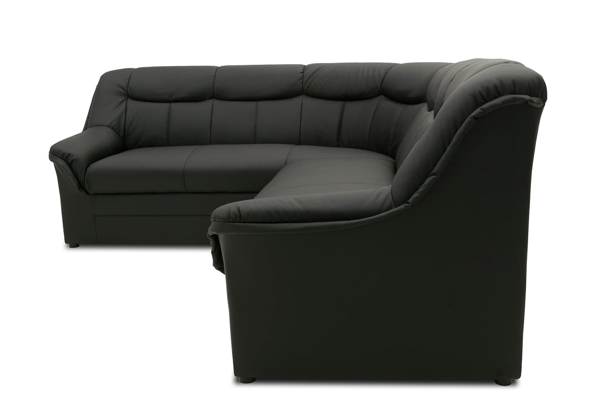 DOMO. collection Berlin Corner Sofa, Timeless Leather Corner Sofa with High-Quality Spring Core Padding, L-shaped Faux Leather, Couch 205 x 250 x 89 cm, Black