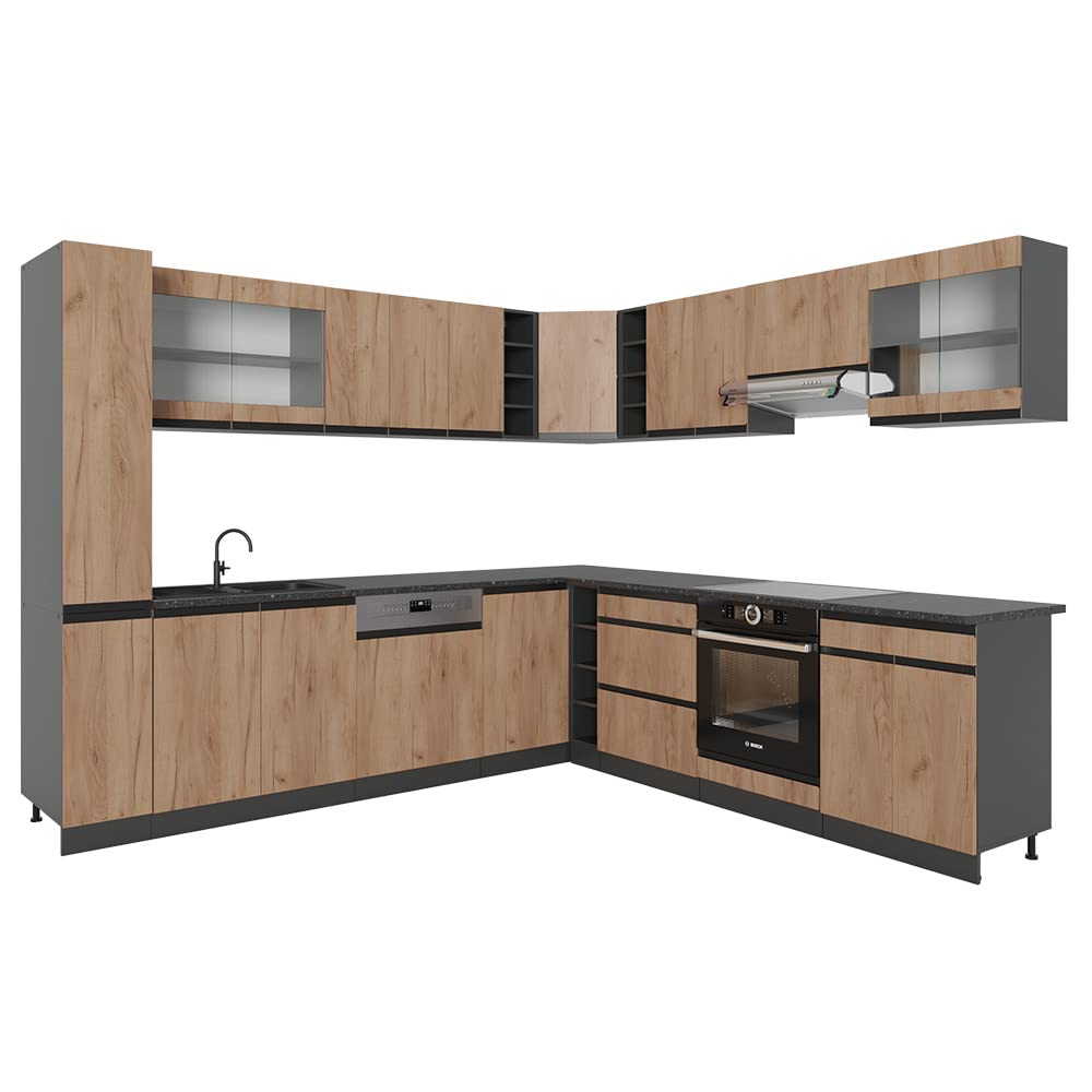Vicco Eckküche R-Line, Küchenzeile in L-Form, Weiß, 257 x 60 cm J-Shape, ohne Arbeitsplatte