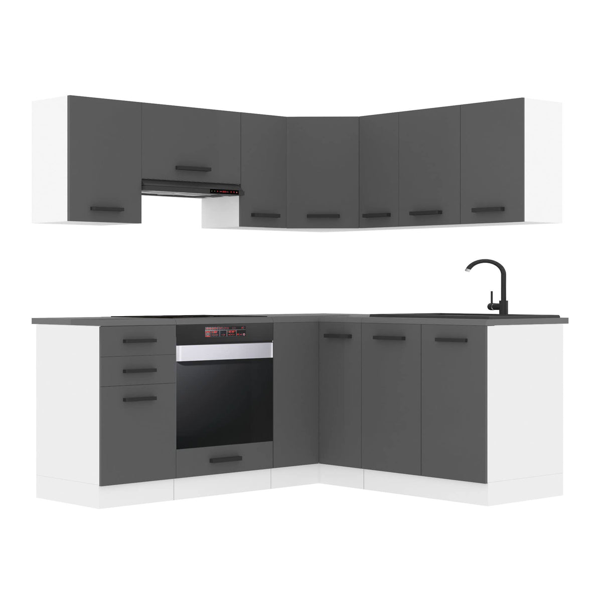 Belini Sarah L-Shape Kitchen Unit, Kitchen Furniture with Handles, Built-in Kitchen without Electrical Appliances, with Wall Cabinets and Base Cabinets, without Worktops, White High Gloss