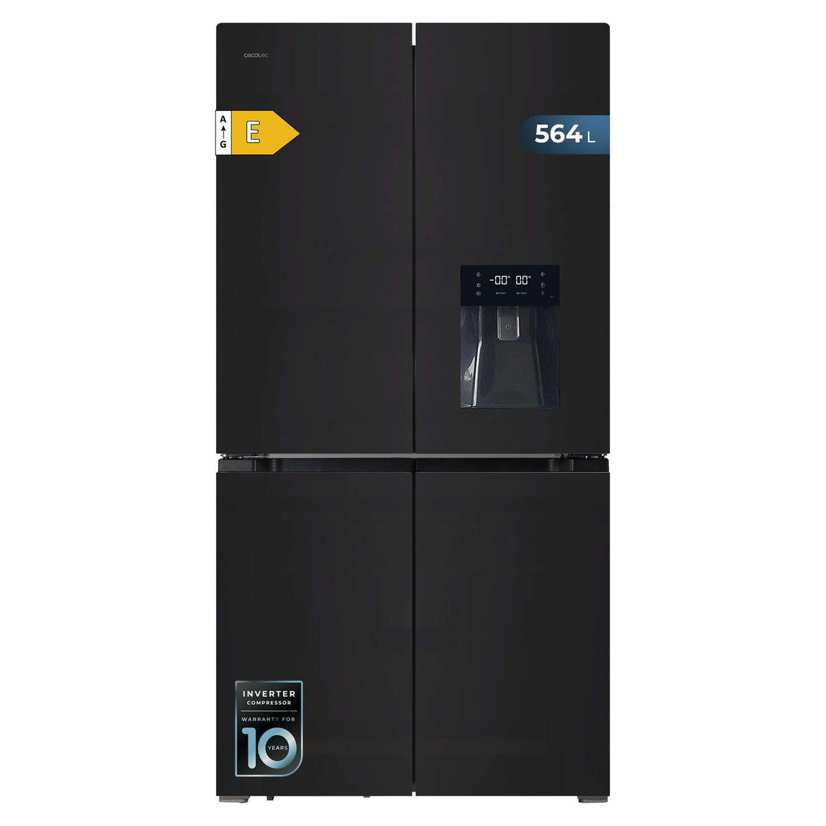 Cecotec Amerikanischer Kühlschrank, 4 Türen, 564 l, Bolero, CoolMarket, 4D 564 Dark E. 183 cm hoch, 91 cm breit, Wasserspender, geringer Stromverbrauch, Invertermotor, Plus, Total NoFrost