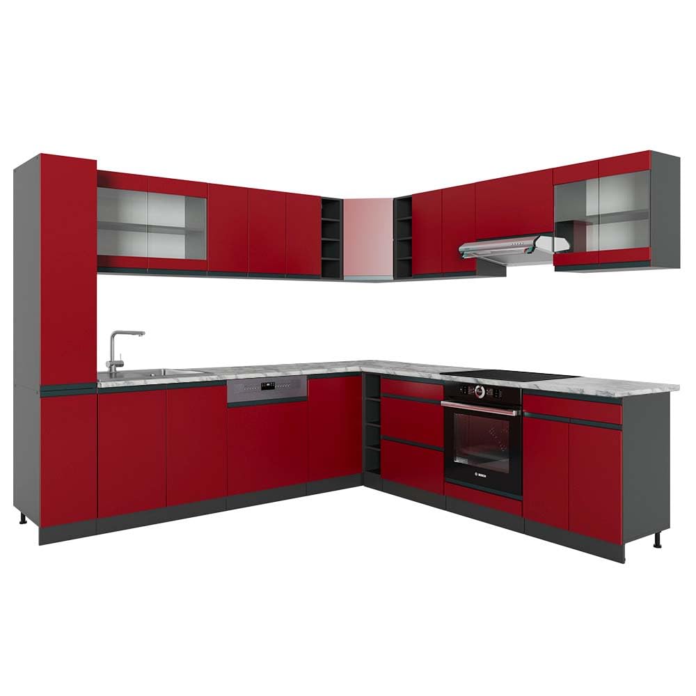 Vicco Eckküche R-Line, Küchenzeile in L-Form, Weiß, 257 x 60 cm J-Shape, ohne Arbeitsplatte