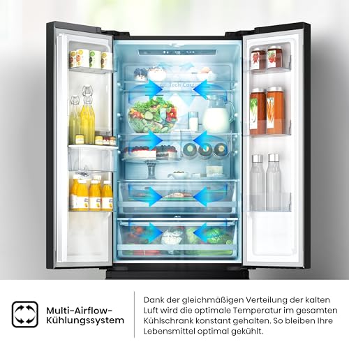 Hisense RF632N4WIE French Door Kühl-Gefrierkombination/ NoFrostPlus/ Inverter-Kompressor/ Wasserspender/ CrispZone/ 200 cm/ Kühlteil 336 l/ Gefrierteil 149 l/ 38 dB/ 295 kWh/ Jahr/ Inox-Look