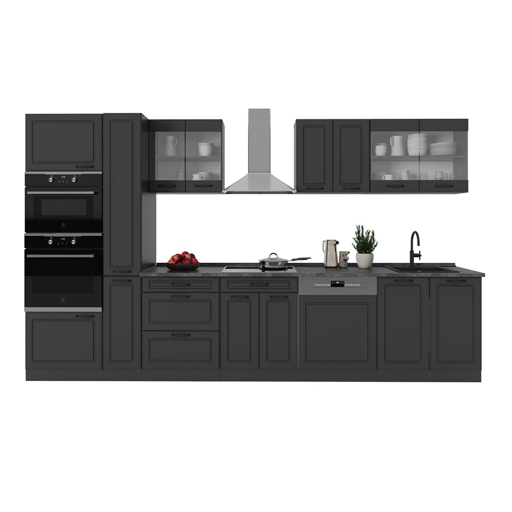Vicco R-Line Fitted Kitchen Cabinets Anthracite Kitchen Furniture (Anthracite / White High Gloss, MUS 350 cm)