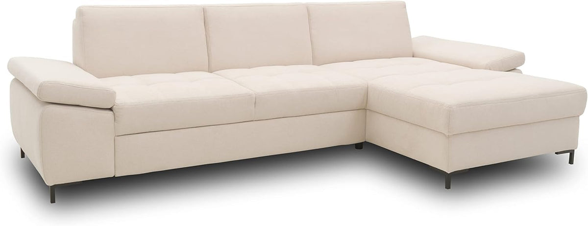 DOMO. collection Curacao Ecksofa, Schlafsofa mit Federkern und Armlehnenfunktion in L‑Form, 297 x 160 x 84 cm (B x T x H), Creme