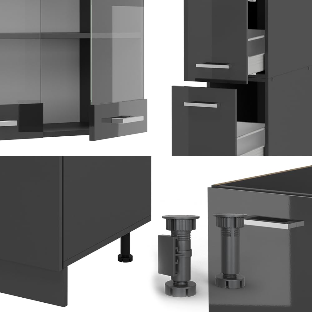 Vicco R-Line Fitted Kitchen Cabinets Anthracite Kitchen Furniture (Anthracite / White High Gloss, MUS 350 cm)