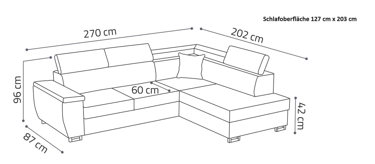 MEBLE-LUX - Ecksofa mit Schlaffunktion und Bettkasten Nicole 270x202x96cm (BxTxH) I Sofa L Form mit Verstellbare Kopfstützen I Eckcouch mit Schlaffunktion I Federkern I Sofa Grau Links