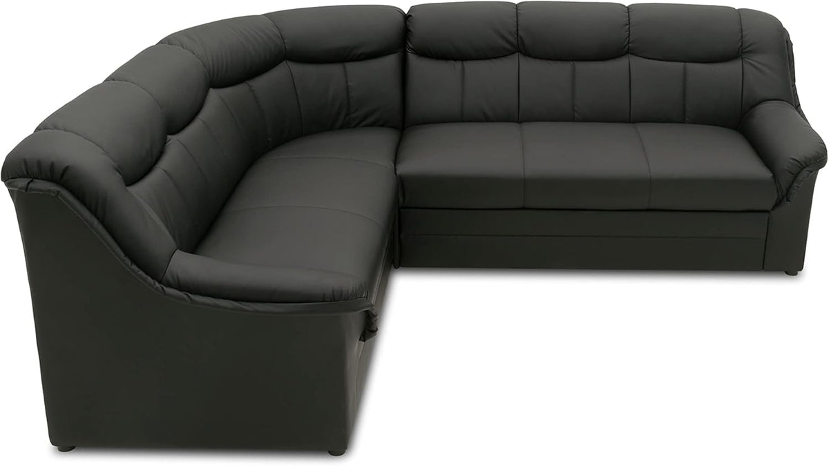 DOMO. collection Berlin Corner Sofa, Timeless Leather Corner Sofa with High-Quality Spring Core Padding, L-shaped Faux Leather, Couch 205 x 250 x 89 cm, Black