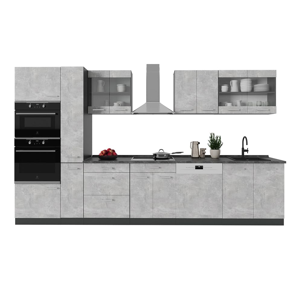 Vicco R-Line Fitted Kitchen Cabinets Anthracite Kitchen Furniture (Anthracite / White High Gloss, MUS 350 cm)