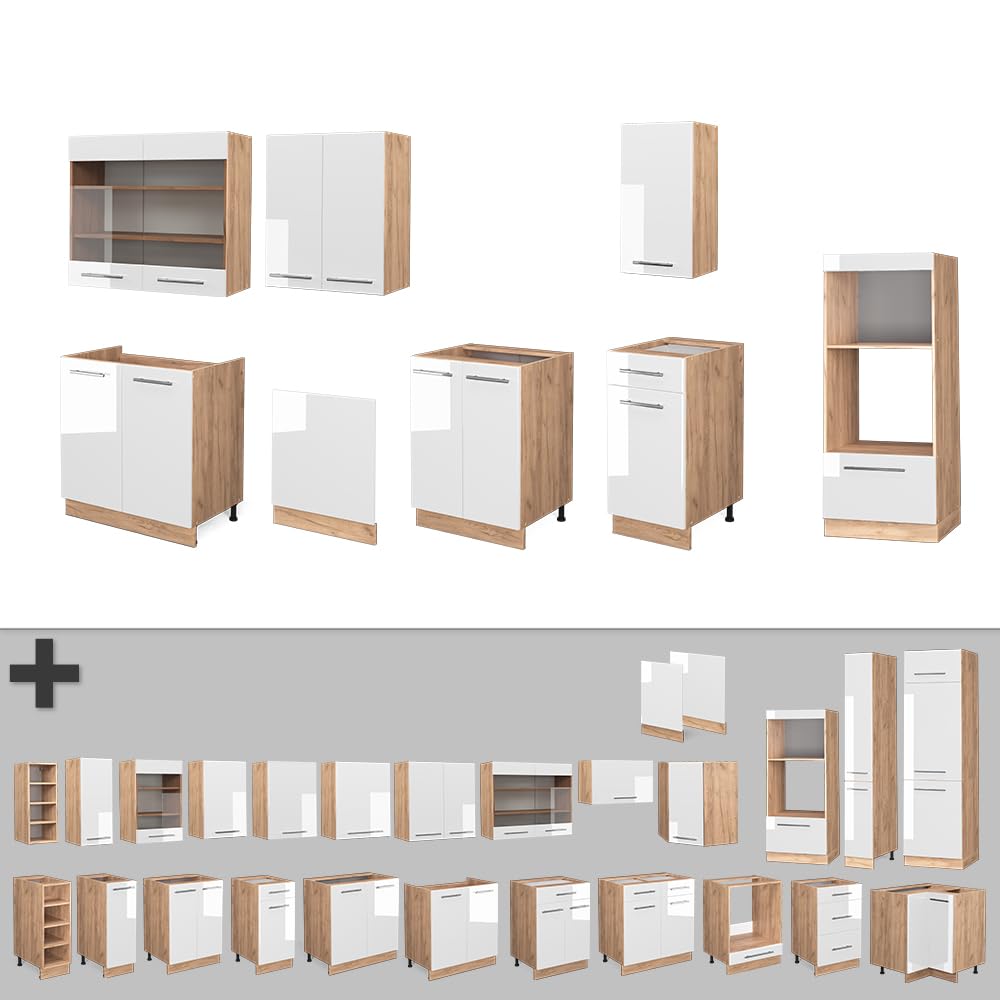 Vicco Küchenzeile Fame-Line, Anthrazit Hochglanz/Goldkraft Eiche, 300 cm mit Hochschrank, ohne Arbeitsplatte