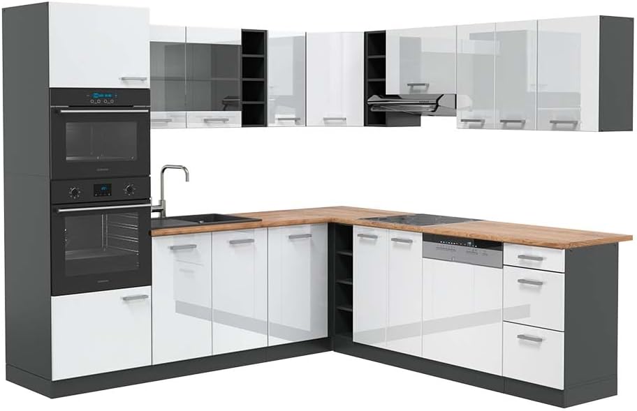 Vicco R-Line Fitted Kitchen Cabinets Anthracite Kitchen Furniture (Anthracite / White High Gloss, Corner 247 x 237 cm)