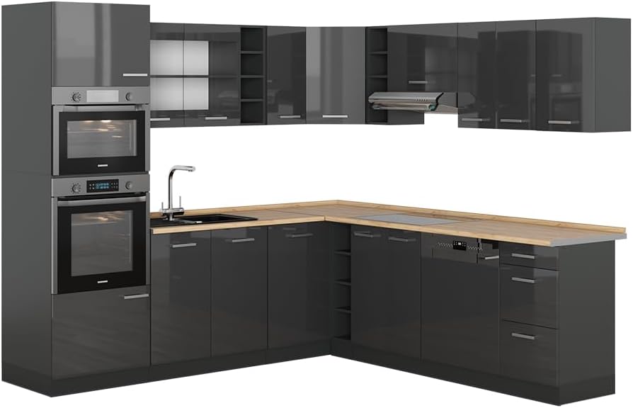 Vicco R-Line Fitted Kitchen Cabinets Anthracite Kitchen Furniture (Anthracite / White High Gloss, Corner 247 x 237 cm)