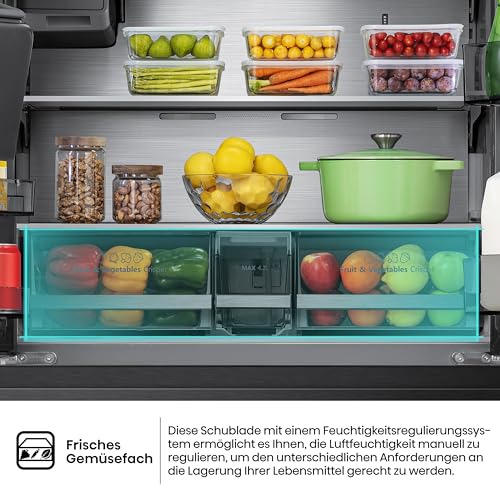 Hisense RF632N4WIE French Door Kühl-Gefrierkombination/ NoFrostPlus/ Inverter-Kompressor/ Wasserspender/ CrispZone/ 200 cm/ Kühlteil 336 l/ Gefrierteil 149 l/ 38 dB/ 295 kWh/ Jahr/ Inox-Look