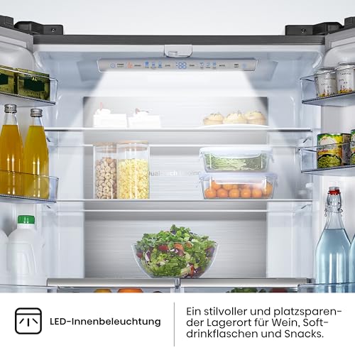 Hisense RF632N4WIE French Door Kühl-Gefrierkombination/ NoFrostPlus/ Inverter-Kompressor/ Wasserspender/ CrispZone/ 200 cm/ Kühlteil 336 l/ Gefrierteil 149 l/ 38 dB/ 295 kWh/ Jahr/ Inox-Look