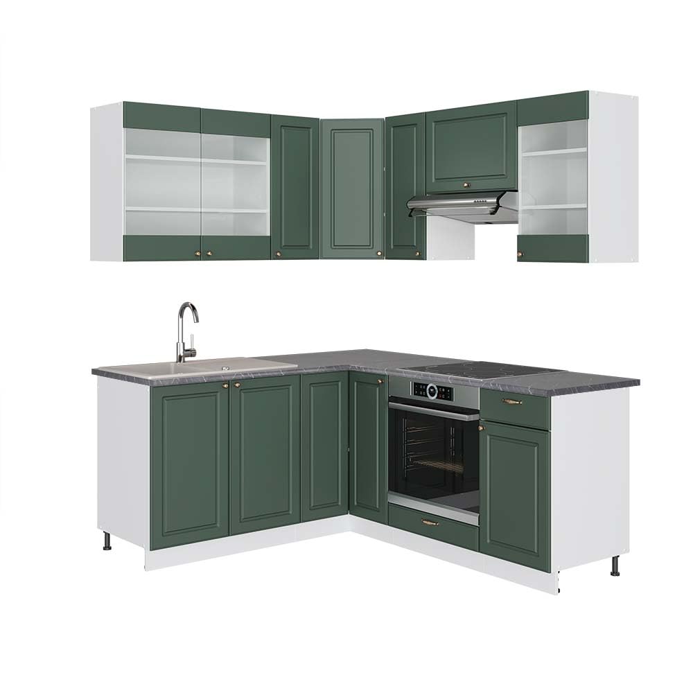 Vicco Eckküche Fame-Line, Grün-Gold Landhaus/Weiß/Weiß, 160 x 190 cm ohne Arbeitsplatte