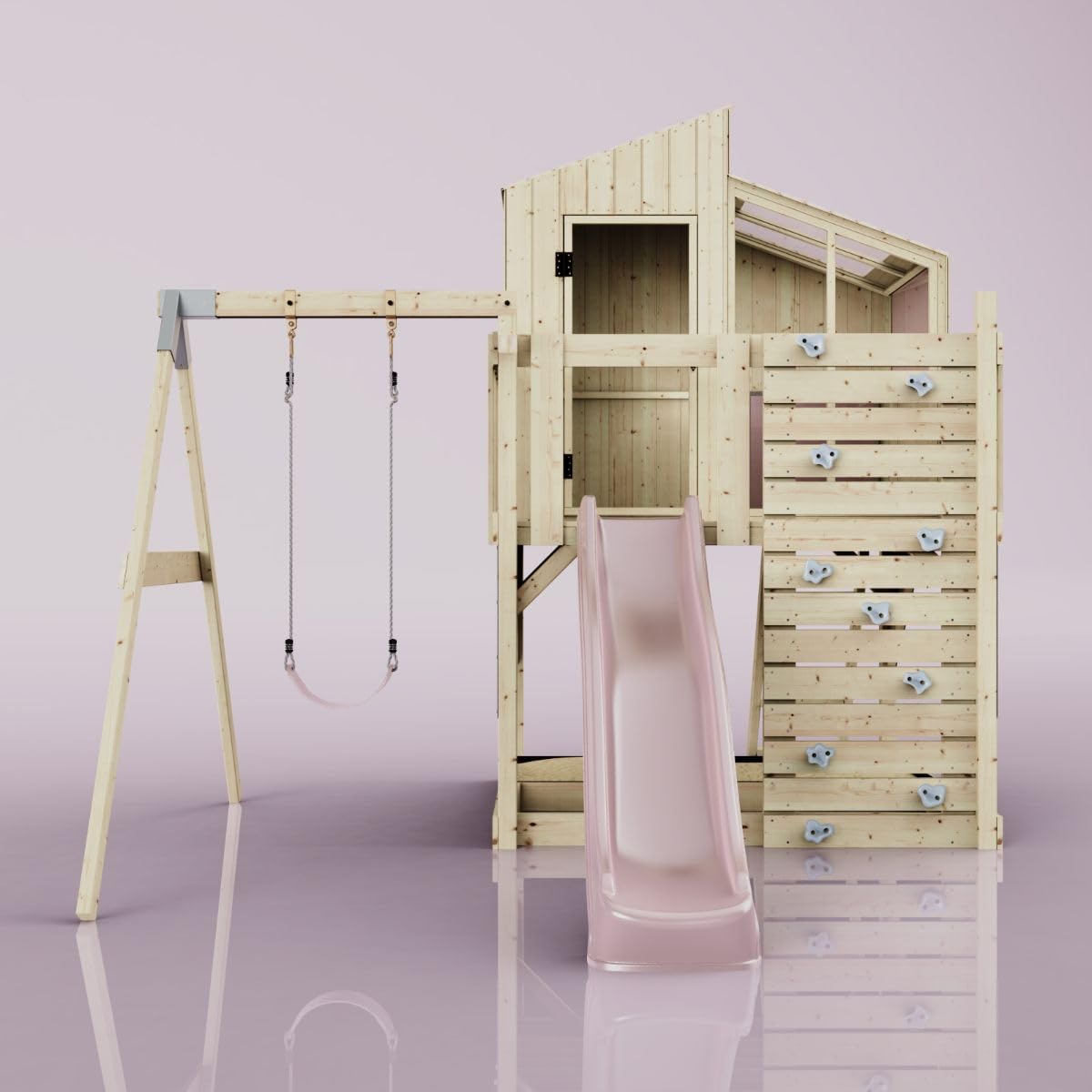 Rebo Spielturm mit Spielhaus inkl. Wellenrutsche und Kinder-Schaukel | Outdoor Klettergerüst Garten | Kletterwand und Kletterleiter | Stabile Konstruktion, Weiches Gefühl in den Seilen