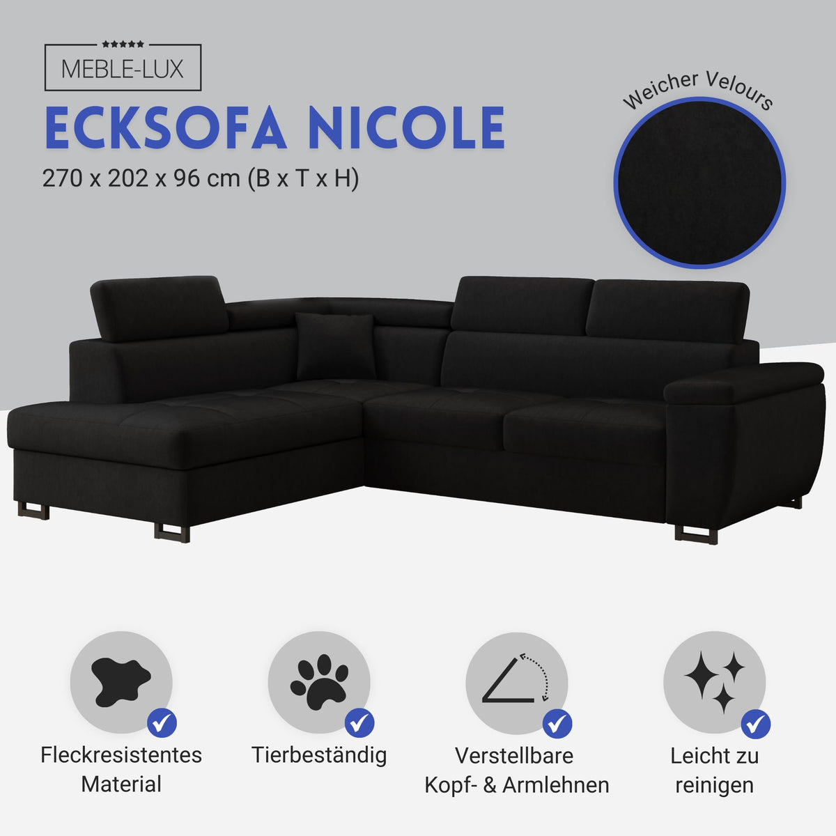 MEBLE-LUX - Ecksofa mit Schlaffunktion und Bettkasten Nicole 270x202x96cm (BxTxH) I Sofa L Form mit Verstellbare Kopfstützen I Eckcouch mit Schlaffunktion I Federkern I Sofa Grau Links