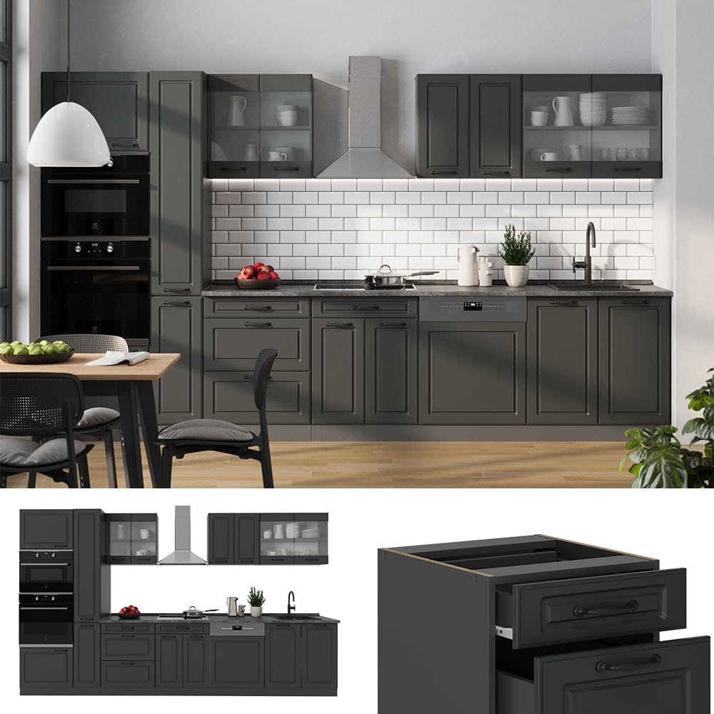 Vicco R-Line Fitted Kitchen Cabinets Anthracite Kitchen Furniture (Anthracite / White High Gloss, MUS 350 cm)