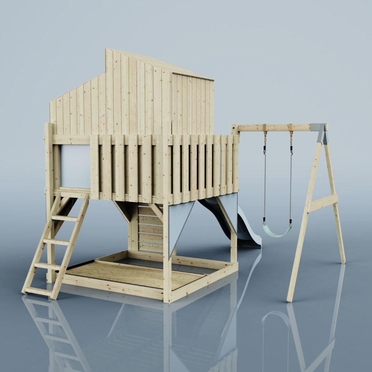 Rebo Spielturm mit Spielhaus inkl. Wellenrutsche und Kinder-Schaukel | Outdoor Klettergerüst Garten | Kletterwand und Kletterleiter | Stabile Konstruktion, Weiches Gefühl in den Seilen