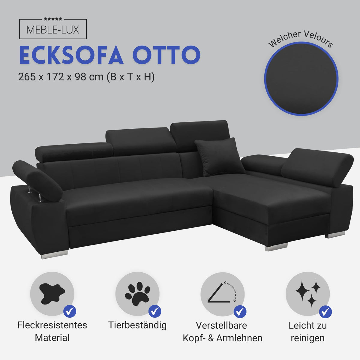 OTTO Corner Sofa, Corner Couch with Sleep Function, Spring Core, Adjustable Headrests, Easy Folding Mechanism, Bed Function, Additional Storage Space, Plush Grey, Left