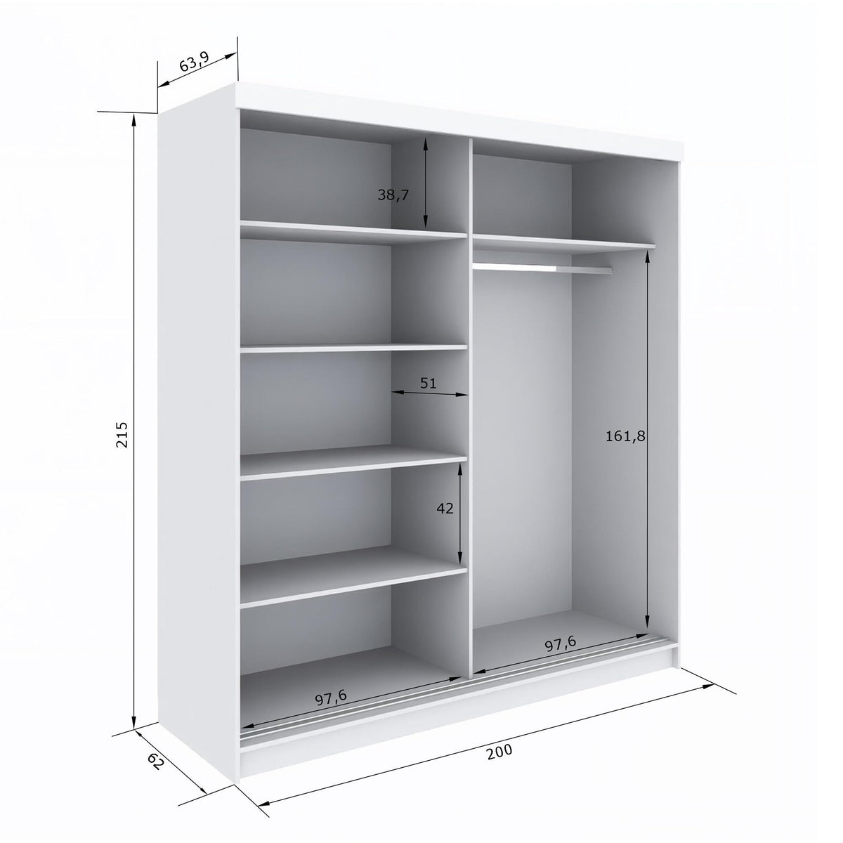 Marlux-Meble Two-Door Wardrobe 230 cm Wide with Floating and Sliding Doors Corner Wardrobe Bedroom Cabinet Hallway Cabinet System Cabinet High Gloss Cabinet