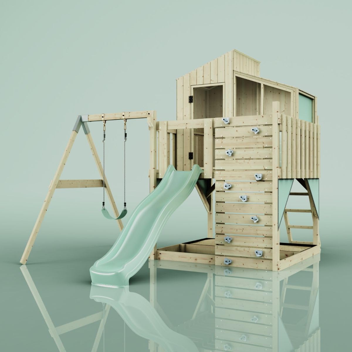 Rebo Spielturm mit Spielhaus inkl. Wellenrutsche und Kinder-Schaukel | Outdoor Klettergerüst Garten | Kletterwand und Kletterleiter | Stabile Konstruktion, Weiches Gefühl in den Seilen