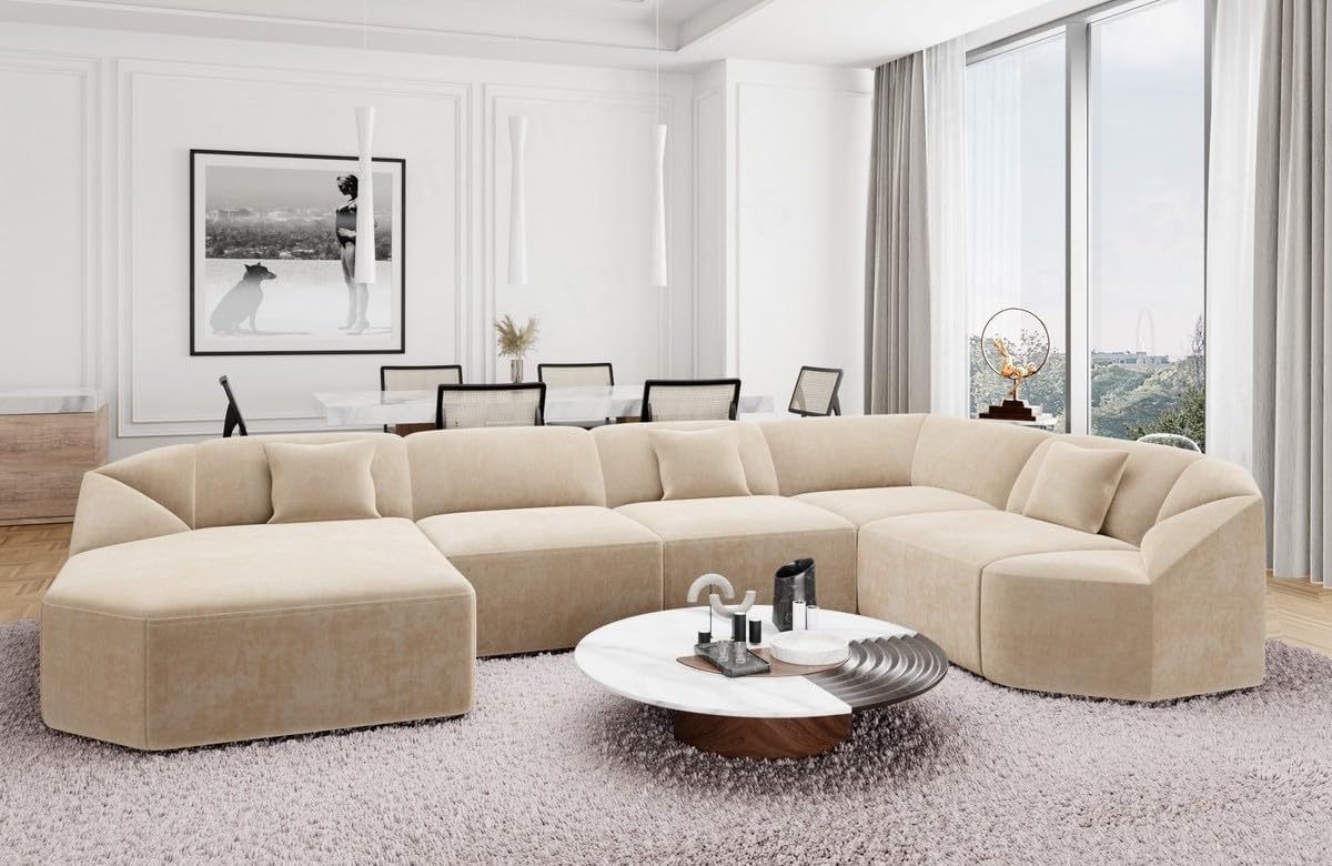 Wohnlandschaft Cabrera U-Shape Fabric Sofa in Velvet Designer Sofa Sun Velvet (Green, Ottoman Left)